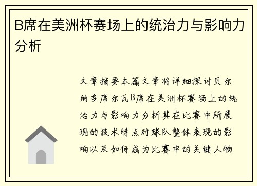 B席在美洲杯赛场上的统治力与影响力分析